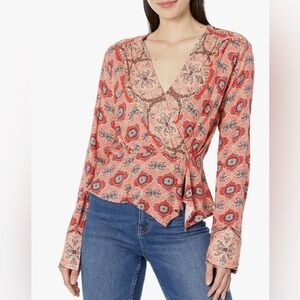 Free People Falling For You Faux Wrap Top Hibiscus Combo Women Size Xsmall NEW